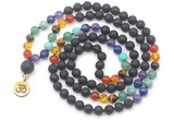 GMN6488 Knotted 7 Chakra 8mm, 10mm black lava 108 beads mala necklace with charm