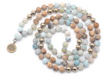 GMN6490 Knotted 8mm, 10mm matte amazonite & picture jasper 108 beads mala necklace with charm