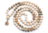 GMN6491 Knotted 8mm, 10mm white fossil jasper & picture jasper 108 beads mala necklace with charm