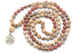 GMN6492 Knotted 8mm, 10mm matte picture jasper & red jasper 108 beads mala necklace with charm