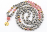 GMN6493 Knotted 8mm, 10mm dalmatian jasper & cherry quartz 108 beads mala necklace with charm