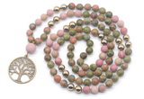 GMN6494 Knotted 8mm, 10mm matte unakite & pink wooden jasper 108 beads mala necklace with charm