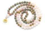 GMN6495 Knotted 8mm, 10mm unakite, white jade & hematite 108 beads mala necklace with charm