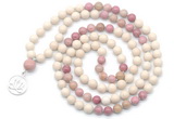 GMN6496 Knotted 8mm, 10mm white fossil jasper & pink wooden jasper 108 beads mala necklace with charm