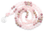 GMN6497 Knotted 8mm, 10mm rose quartz & pink wooden jasper 108 beads mala necklace with charm