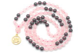 GMN6498 Knotted 8mm, 10mm rose quartz & garnet 108 beads mala necklace with charm