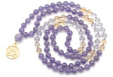 GMN6499 Knotted 8mm, 10mm amethyst, citrine & white crystal 108 beads mala necklace with charm