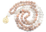 GMN6500 Knotted 8mm, 10mm sunstone, white crystal & white jade 108 beads mala necklace with charm