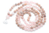 GMN6501 Knotted 8mm, 10mm sunstone, rose quartz & white jade 108 beads mala necklace with charm