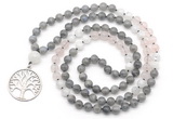 GMN6502 Knotted 8mm, 10mm labradorite, rose quartz & white moonstone 108 beads mala necklace with charm