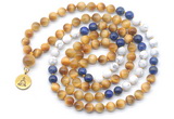 GMN6503 Knotted 8mm, 10mm golden tiger eye, lapis lazuli & matte white howlite 108 beads mala necklace with charm