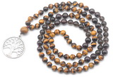 GMN6504 Knotted 8mm, 10mm yellow tiger eye, garnet & smoky quartz 108 beads mala necklace with charm