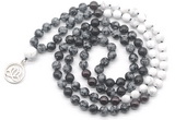 GMN6505 Knotted 8mm, 10mm snowflake obsidian, garnet & matte white howlite 108 beads mala necklace with charm