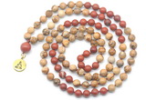 GMN6506 Knotted 8mm, 10mm picture jasper & red jasper 108 beads mala necklace with charm