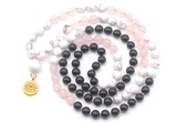 GMN6508 Knotted 8mm, 10mm black agate, rose quartz & white howlite 108 beads mala necklace with charm