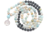 GMN6509 Knotted 8mm, 10mm matte amazonite & black lava 108 beads mala necklace with charm