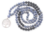 GMN6510 Knotted 8mm, 10mm blue spot stone & black lava 108 beads mala necklace with charm