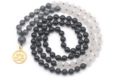 GMN6514 Knotted 8mm, 10mm black labradorite, matte rose quartz  & black agate 108 beads mala necklace with charm