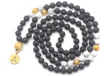 GMN6515 Knotted 8mm, 10mm black lava, matte white howlite & golden tiger eye 108 beads mala necklace with charm