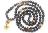 GMN6516 Knotted 8mm, 10mm black lava, smoky quartz & golden tiger eye 108 beads mala necklace with charm