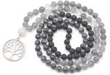 GMN6517 Knotted 8mm, 10mm black lava, black labradorite & cloudy quartz 108 beads mala necklace with charm