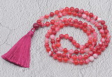 GMN674 Hand-knotted 8mm, 10mm red banded agate 108 beads mala necklaces with tassel