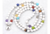 GMN7072 7 Chakra 8mm white howlite 108 mala beads wrap bracelet necklaces