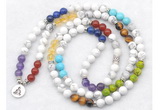 GMN7077 7 Chakra 8mm white howlite 108 mala beads wrap bracelet necklaces