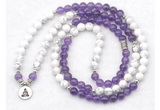 GMN7081 Chakra 8mm white howlite & amethyst 108 mala beads wrap bracelet necklaces