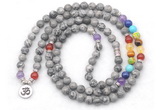 GMN7095 7 Chakra 8mm grey picture jasper 108 mala beads wrap bracelet necklaces