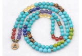 GMN7101 7 Chakra 8mm turquoise 108 mala beads wrap bracelet necklaces