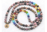 GMN7104 7 Chakra 8mm rhodonite 108 mala beads wrap bracelet necklaces