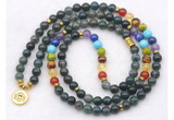 GMN7116 7 Chakra 8mm moss agate 108 mala beads wrap bracelet necklaces