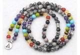 GMN7121 7 Chakra 8mm black water jasper 108 mala beads wrap bracelet necklaces