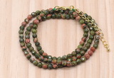 GMN7215 4mm faceted round tiny unakite beaded necklace jewelry