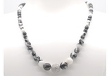 GMN7307 black & white jasper graduated beaded necklace & bracelet set