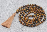 GMN738 Hand-knotted 8mm, 10mm yellow tiger eye 108 beads mala necklaces with tassel