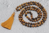 GMN739 Hand-knotted 8mm, 10mm yellow tiger eye 108 beads mala necklaces with tassel