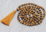 GMN740 Hand-knotted 8mm, 10mm yellow tiger eye 108 beads mala necklaces with tassel