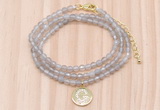 GMN7501 4mm faceted round tiny grey agate beaded necklace with letter charm