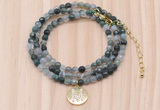 GMN7503 4mm faceted round tiny moss agate beaded necklace with letter charm