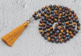 GMN752 Hand-knotted 8mm, 10mm colorfull tiger eye 108 beads mala necklaces with tassel