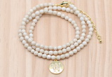 GMN7524 4mm faceted round tiny white fossil jasper beaded necklace with letter charm