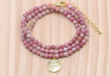 GMN7525 4mm faceted round tiny pink wooden jasper beaded necklace with letter charm