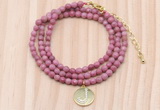 GMN7526 4mm faceted round tiny pink wooden jasper beaded necklace with letter charm