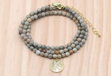 GMN7529 4mm faceted round tiny silver leaf jasper beaded necklace with letter charm