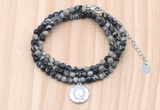 GMN7540 4mm faceted round tiny black water jasper beaded necklace with letter charm