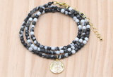 GMN7541 4mm faceted round tiny black & white jasper beaded necklace with letter charm