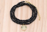 GMN7545 4mm faceted round tiny black onyx beaded necklace with letter charm