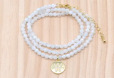 GMN7551 4mm faceted round tiny white moonstone beaded necklace with letter charm